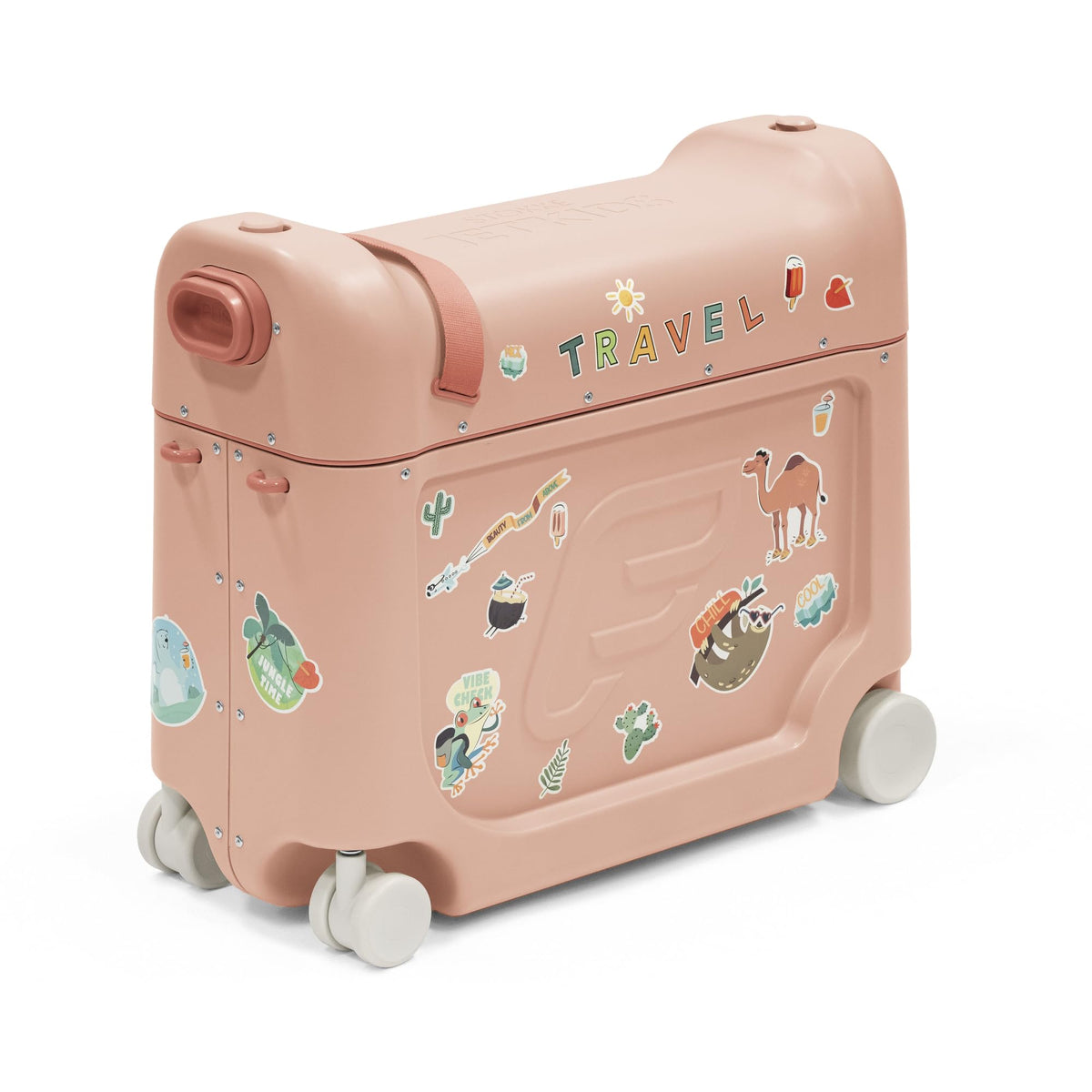Stokke JetKids BedBox coral pink front view—ride-on luggage for easy airport maneuvering