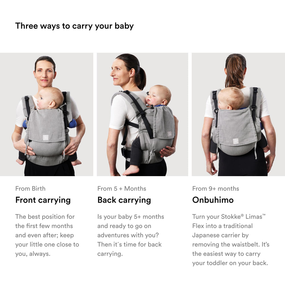 Stokke Limas Carrier Flex adjustable base highlights customized fit as baby grows.