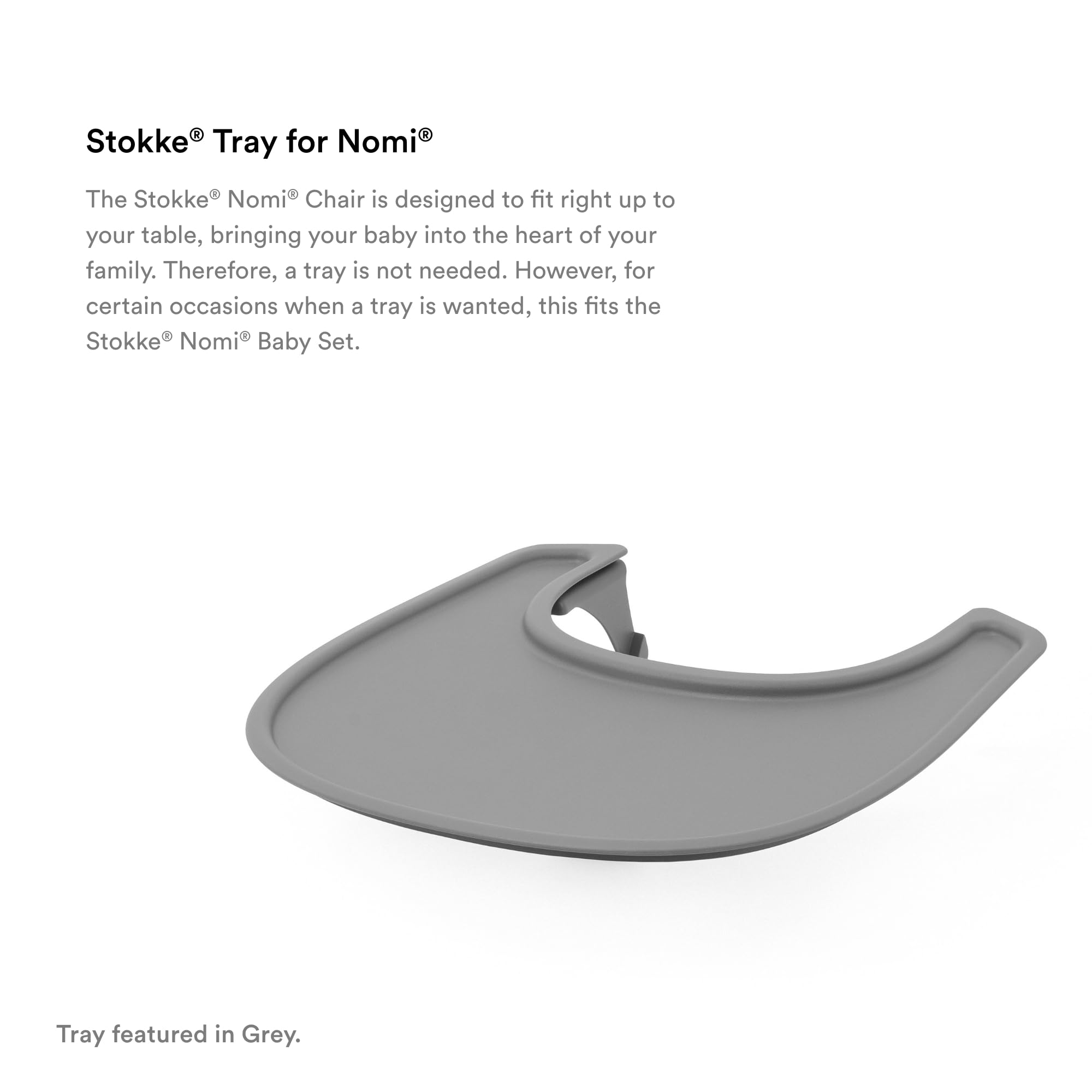 Stokke Tray for Nomi white closeup on table-ready use