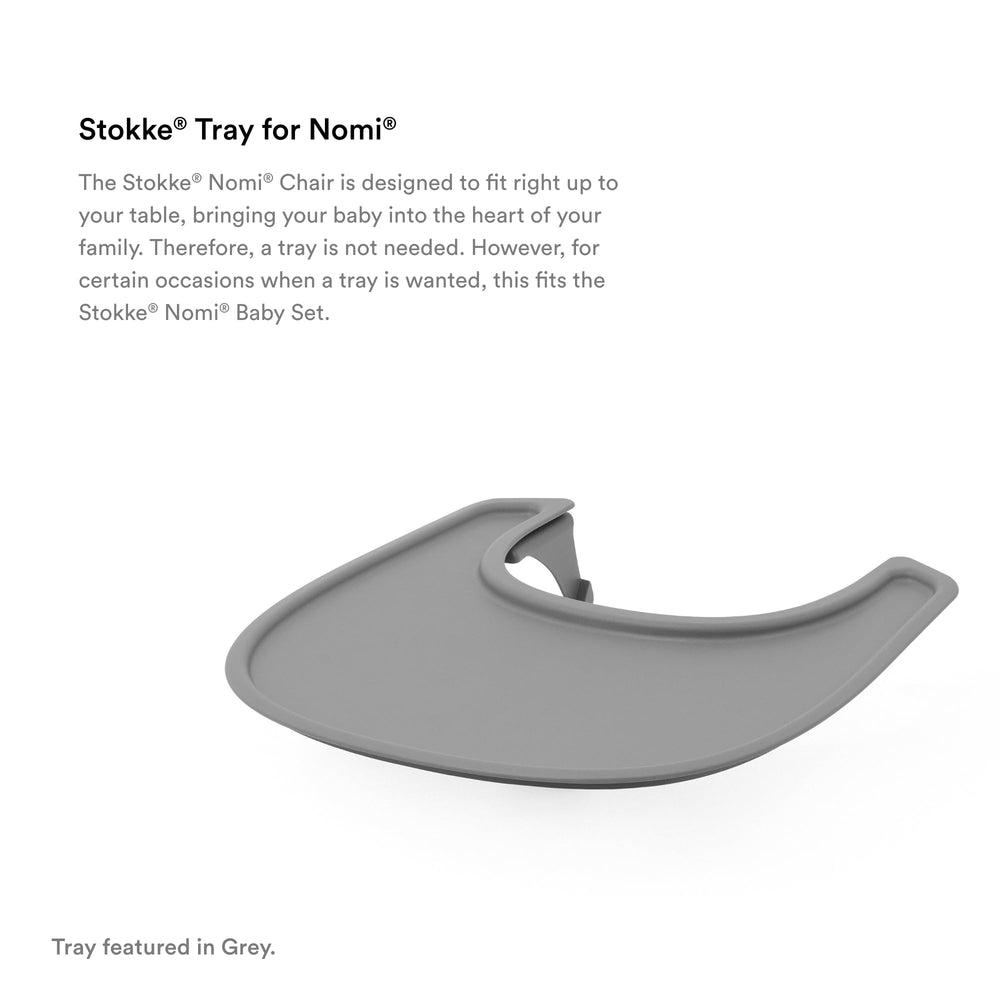 Stokke Tray for Nomi white closeup on table-ready use
