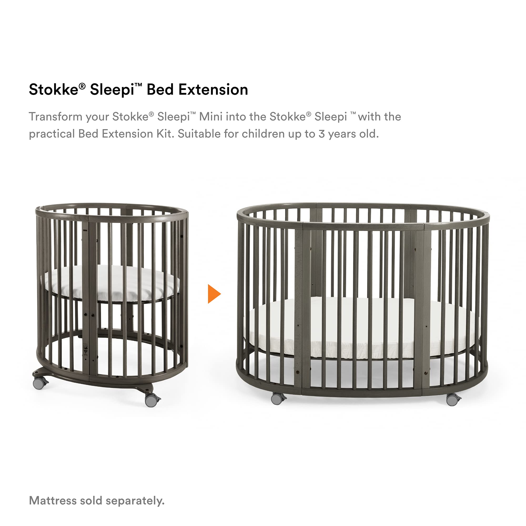Stokke Sleepi Bed Extension V2 hazy grey assembly diagram illustrates quick, tool-free setup