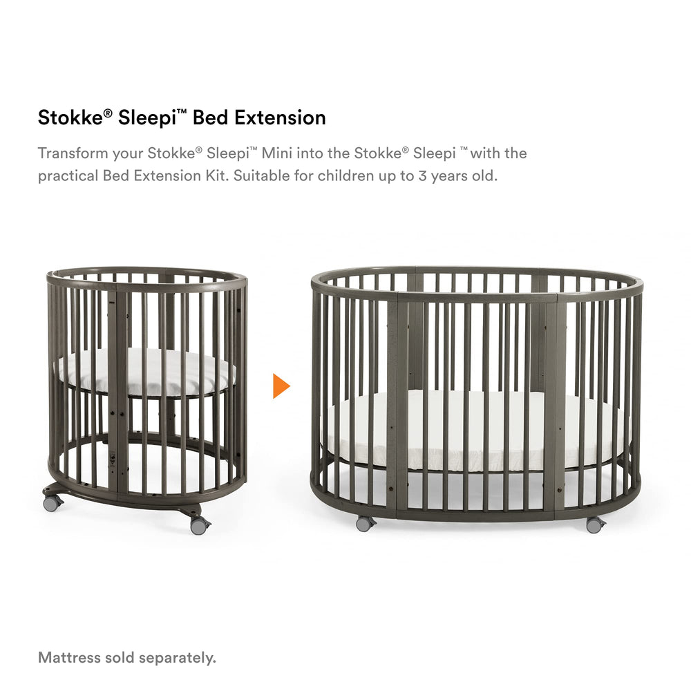 Stokke Sleepi Bed Extension V2 hazy grey assembly diagram illustrates quick, tool-free setup