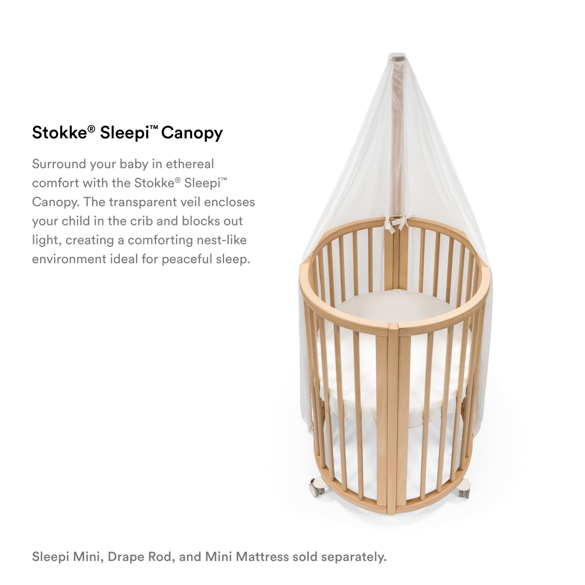 Stokke Sleepi Canopy V3 white pleated detail adds Scandinavian charm to nursery.