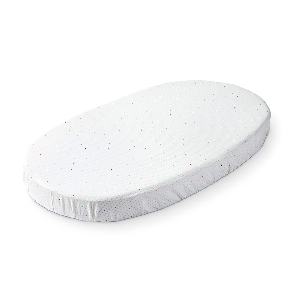 Stokke Sleepi Fitted Sheet by Pehr V2 Rainbow Dot close-up emphasizes soft organic cotton for baby comfort