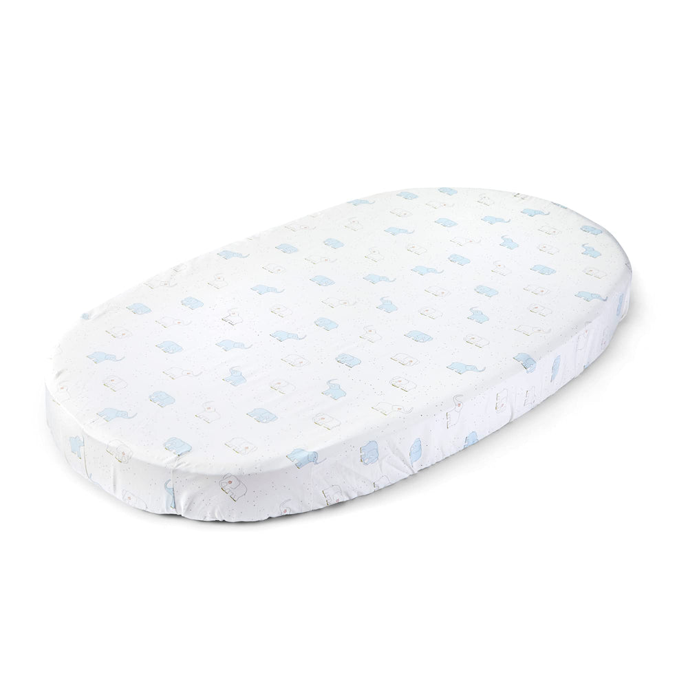 Stokke Sleepi Fitted Sheet Elephant pattern offers gentle cotton comfort for babies.