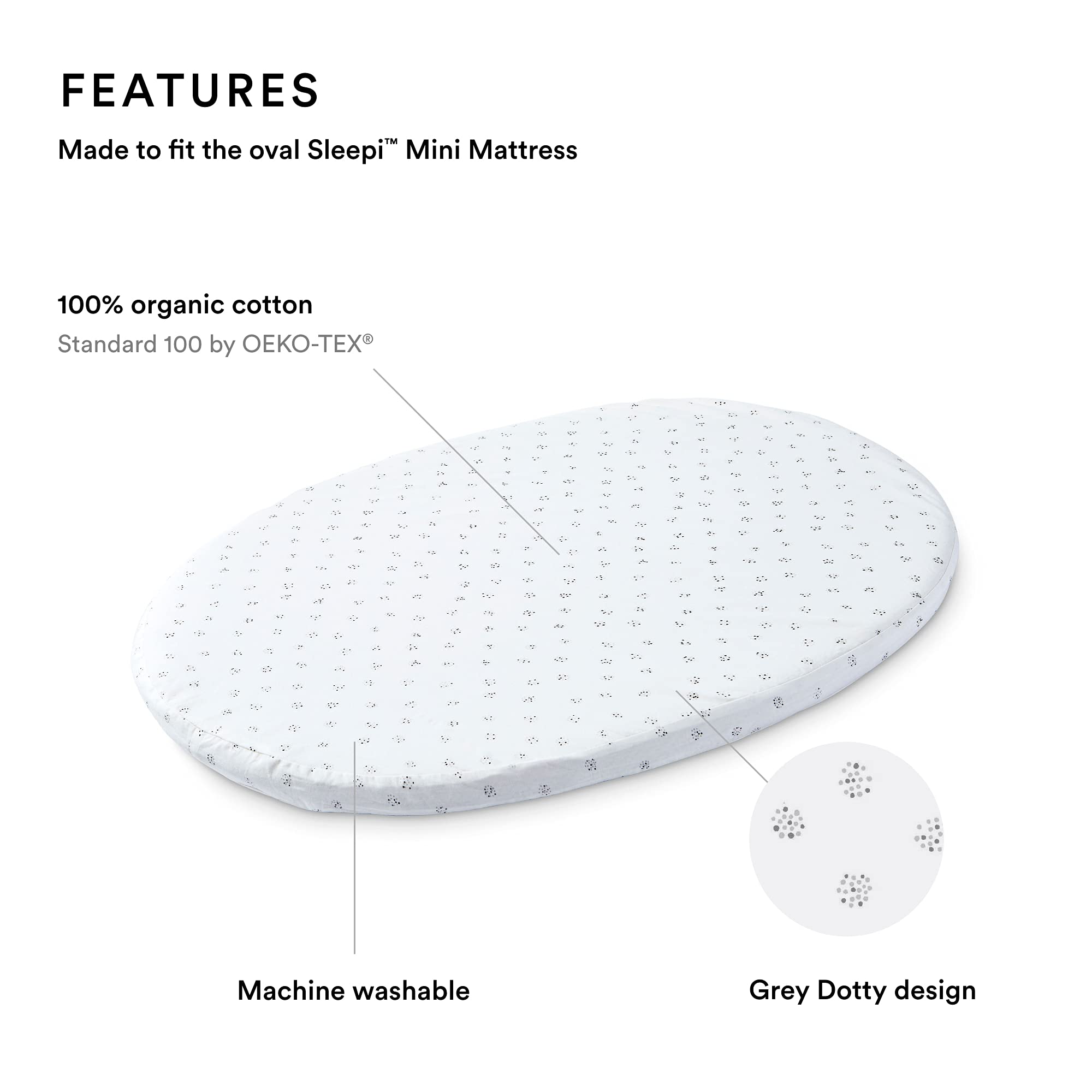 Stokke Sleepi Mini fitted sheet Grey Dotty closeup cotton texture supports sensitive baby skin.