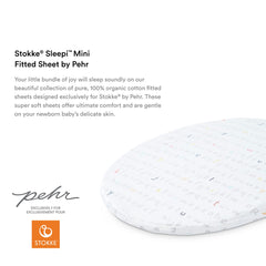 Stokke Sleepi Mini fitted sheet uses 100% organic cotton for gentle skin contact.