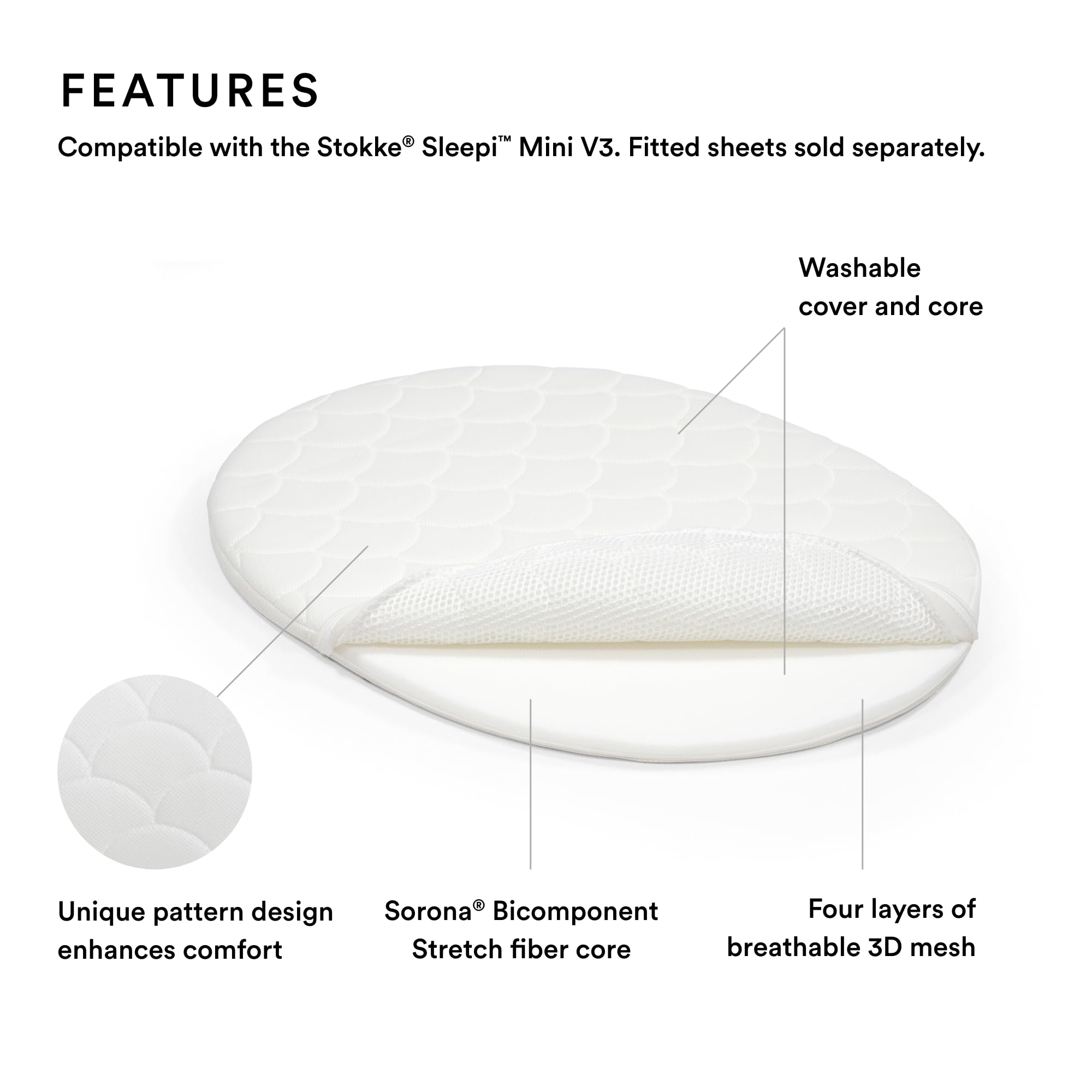 Stokke Sleepi Mini Mattress fits the Sleepi Bed's oval shape for snug sleep.