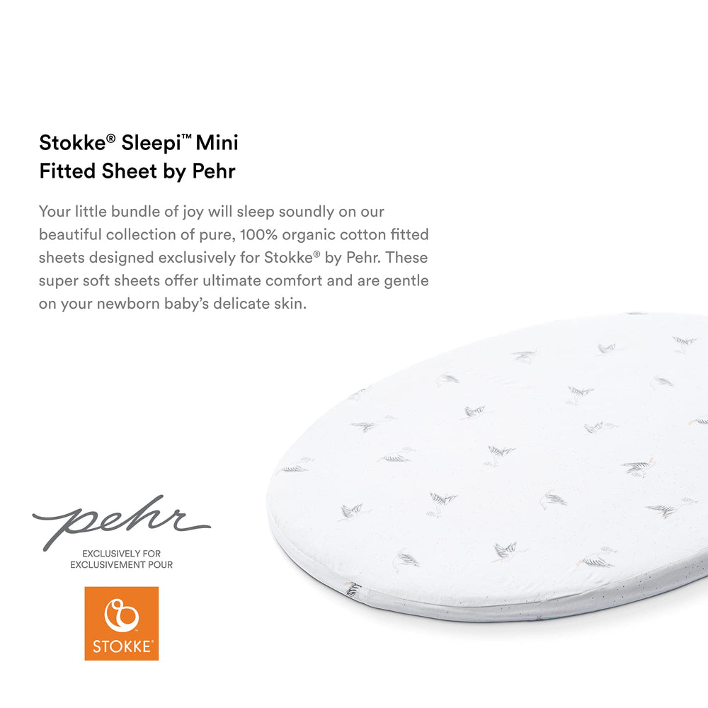 Stokke Sleepi Mini sheet Stork pattern adds tactile charm for bedtime.