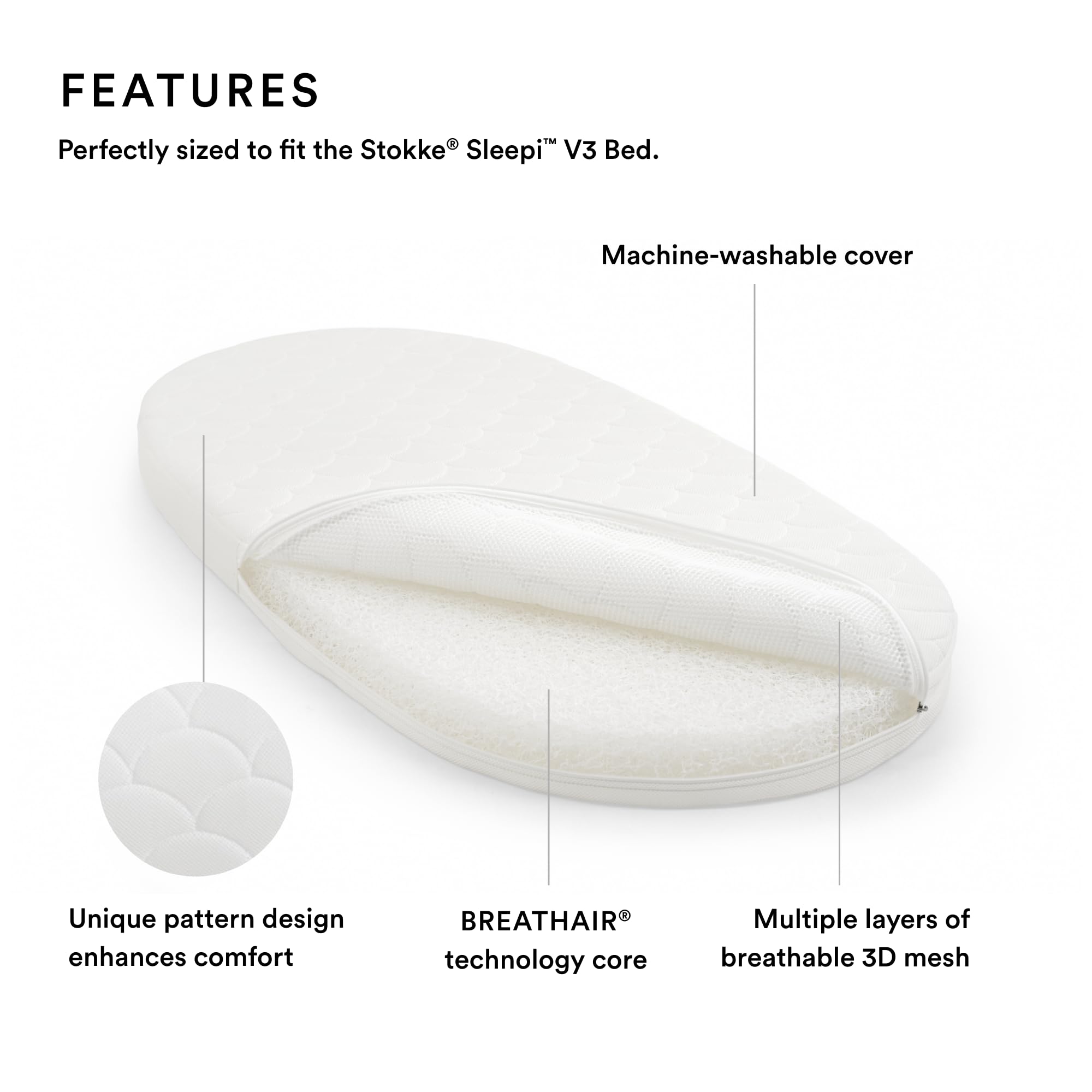 Stokke Sleepi V3 Bed Mattress Air with BREATHAIR core for breathable airflow and baby comfort.