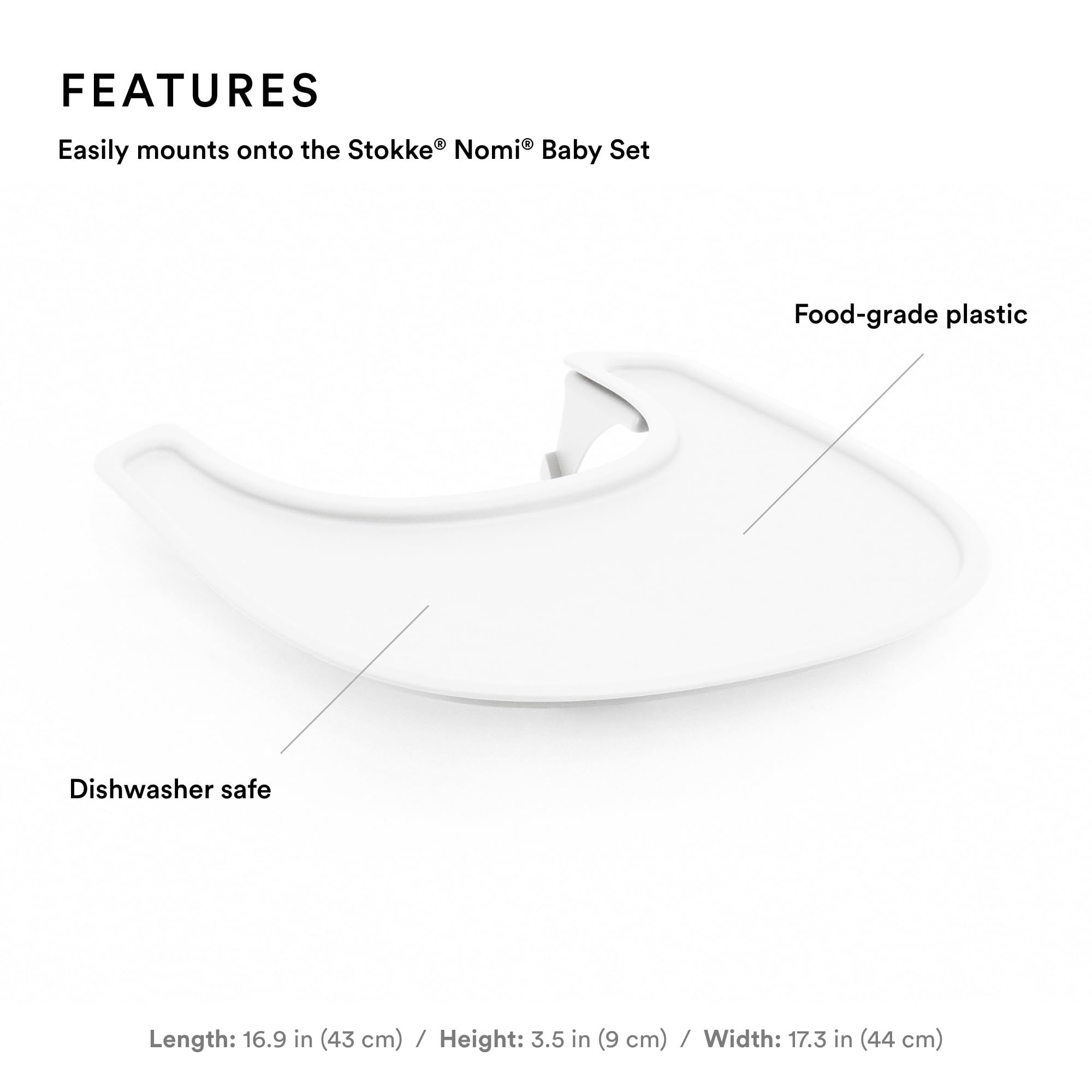 Stokke Tray for Nomi white closeup highlighting dishwasher-safe plastic