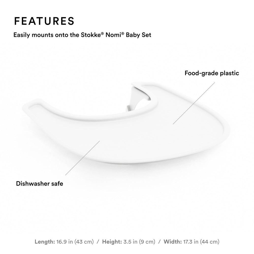 Stokke Tray for Nomi white closeup highlighting dishwasher-safe plastic
