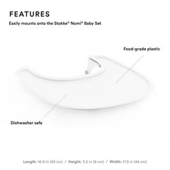 Stokke Tray for Nomi white closeup highlighting dishwasher-safe plastic