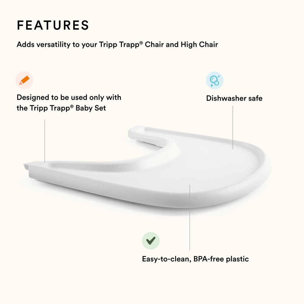 Stokke Tray White side view shows compact profile for small spaces