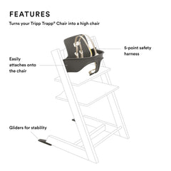 Stokke Tripp Trapp hazy grey harness closeup shows safe, adjustable 5-point fit
