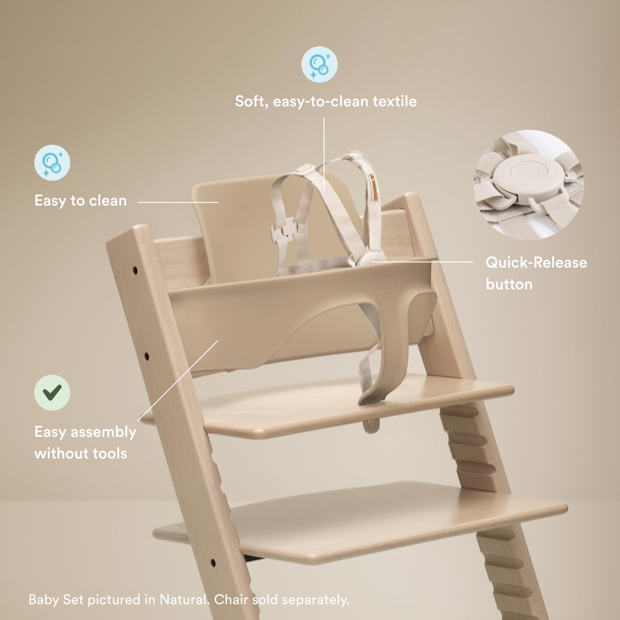 Stokke Tripp Trapp Baby Set 2 backrest notches align with Harness 2 for safety.