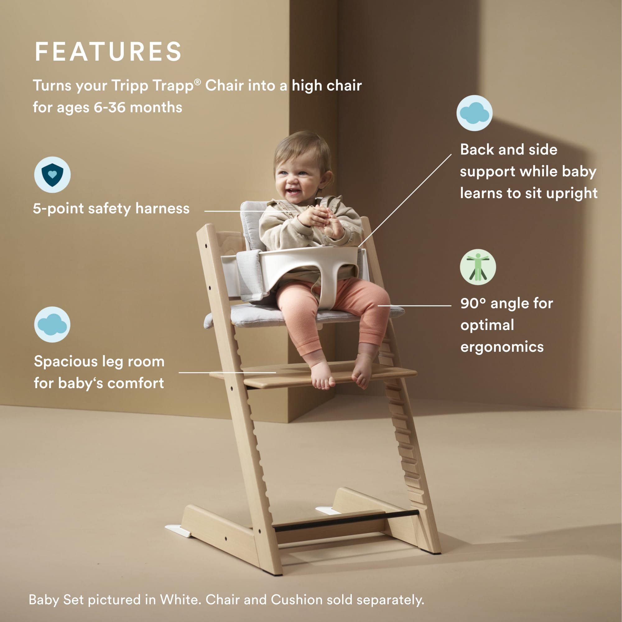 Stokke Tripp Trapp Baby Set 2 with harness area demonstrates secure seating.