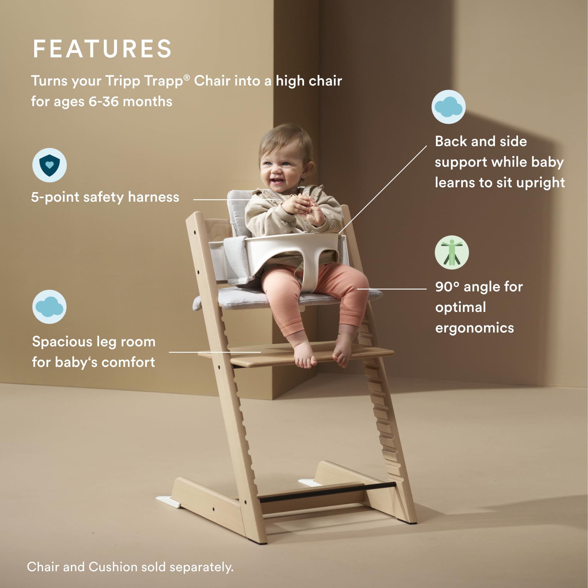 Stokke Tripp Trapp Baby Set 2 backrest with Harness 2 notches for secure adjustment.