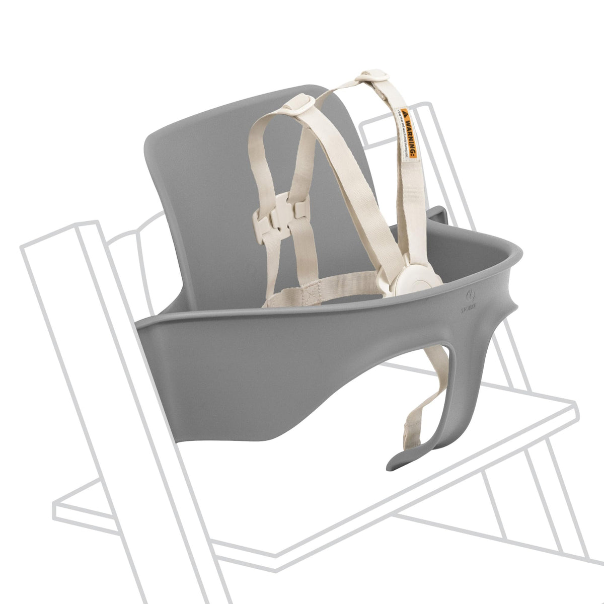 Stokke Tripp Trapp Baby Set 2 storm grey attached to chair for secure seating