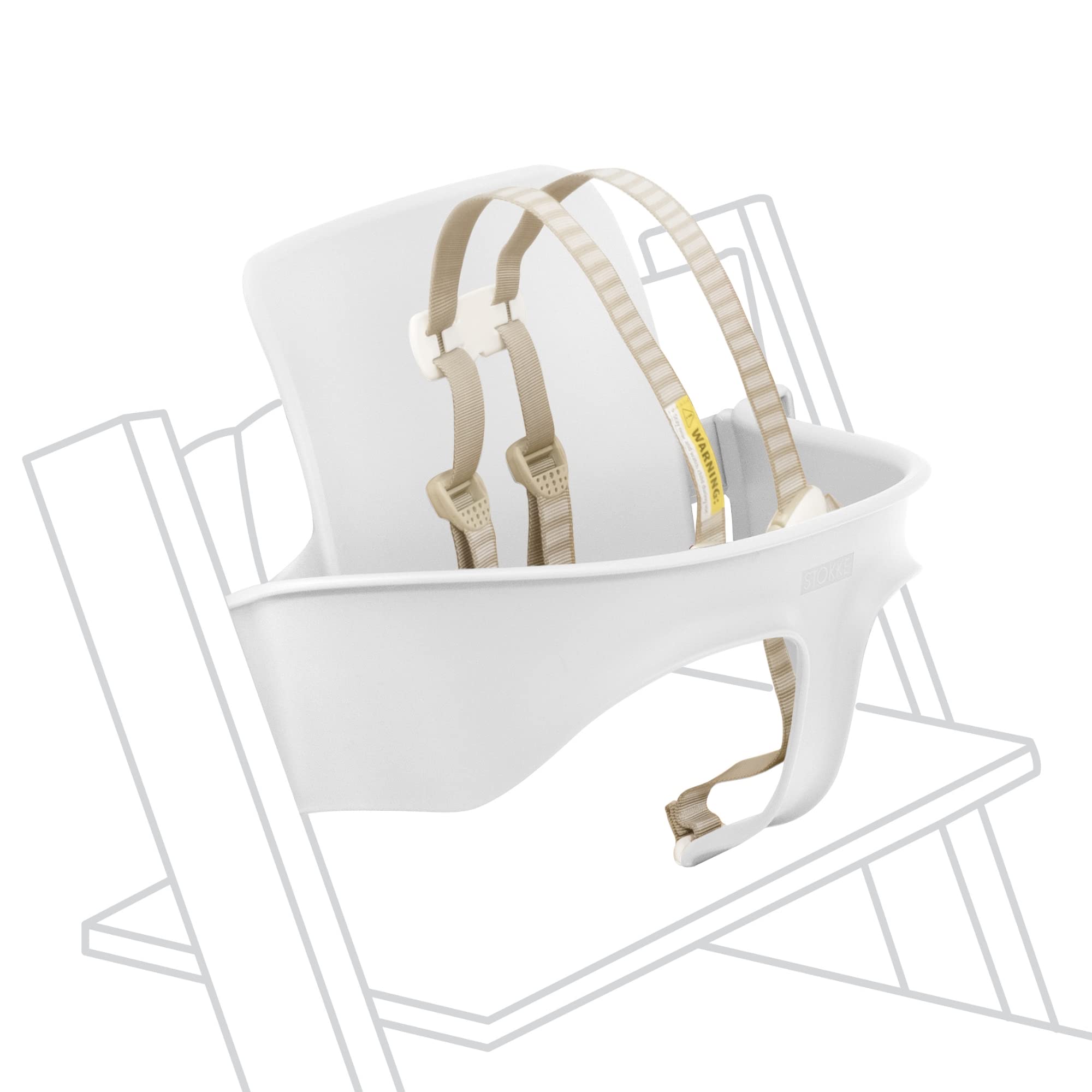 Stokke Tripp Trapp Baby Set White converts chair into high chair with secure harness.