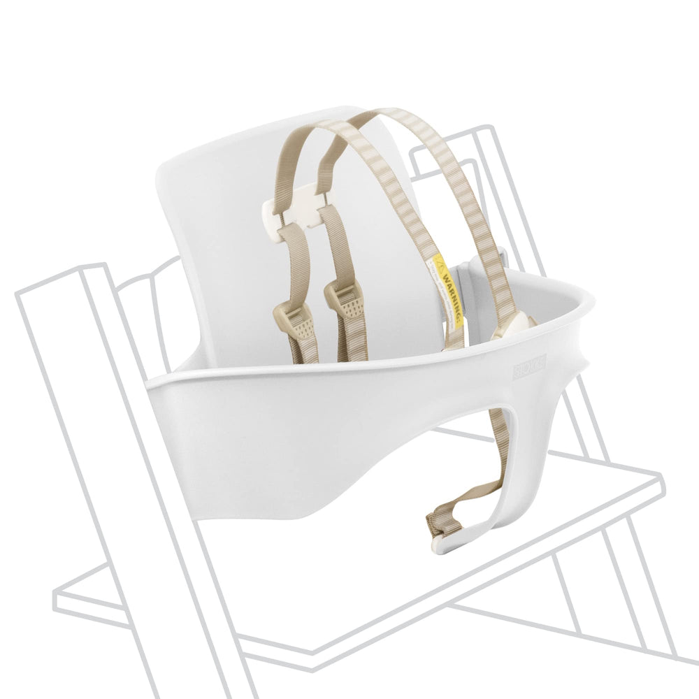 Stokke Tripp Trapp Baby Set White converts chair into high chair with secure harness.