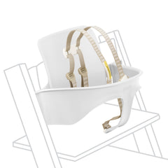 Stokke Tripp Trapp Baby Set White converts chair into high chair with secure harness.