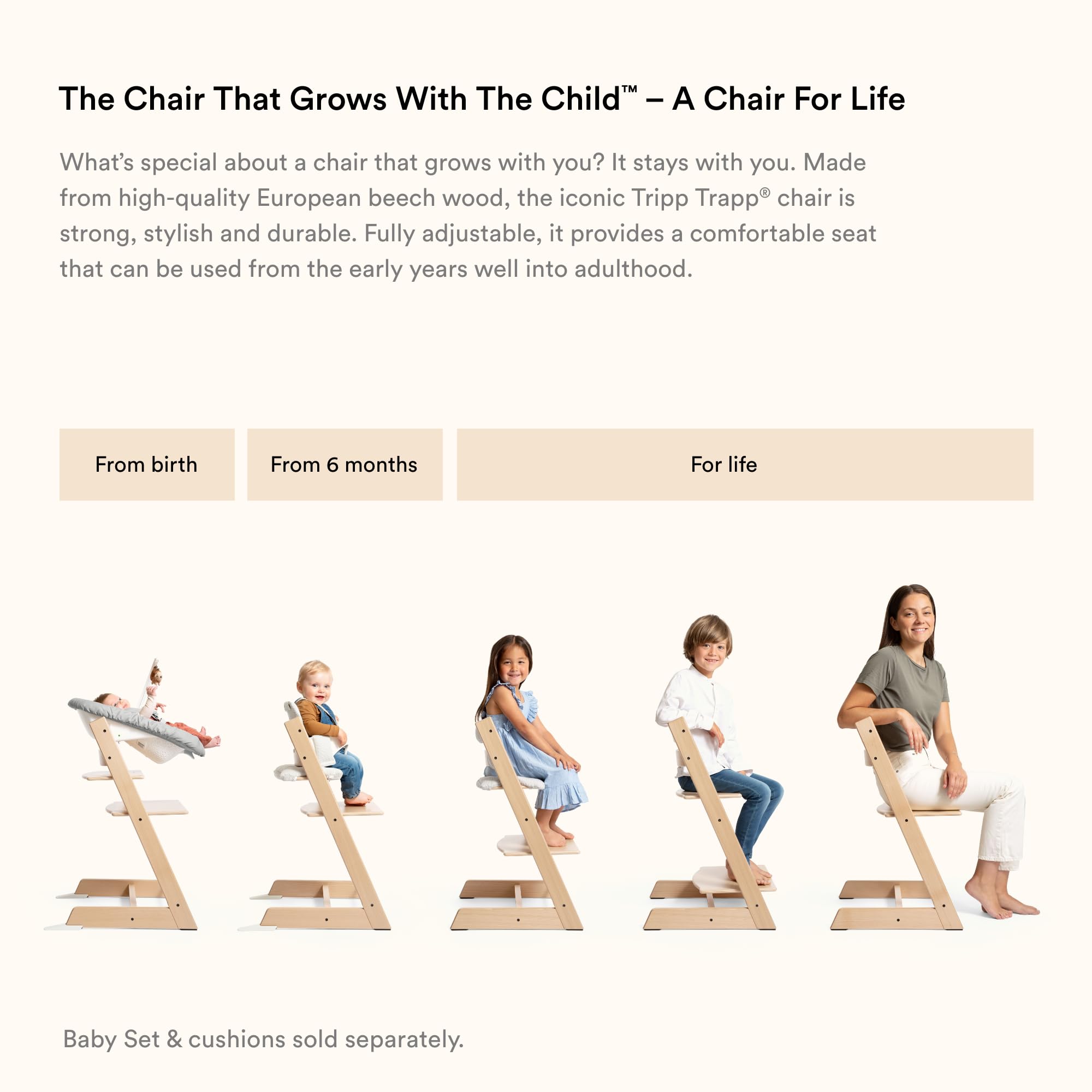 Stokke Tripp Trapp chair with adjustable seat and footplates to grow with child
