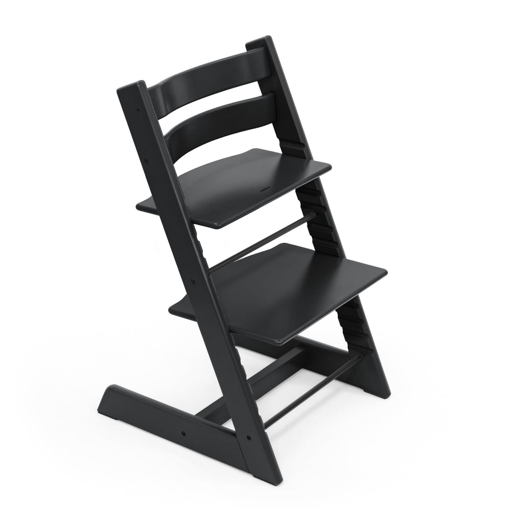 Stokke Tripp Trapp chair black front view showing adjustable height for growing children.