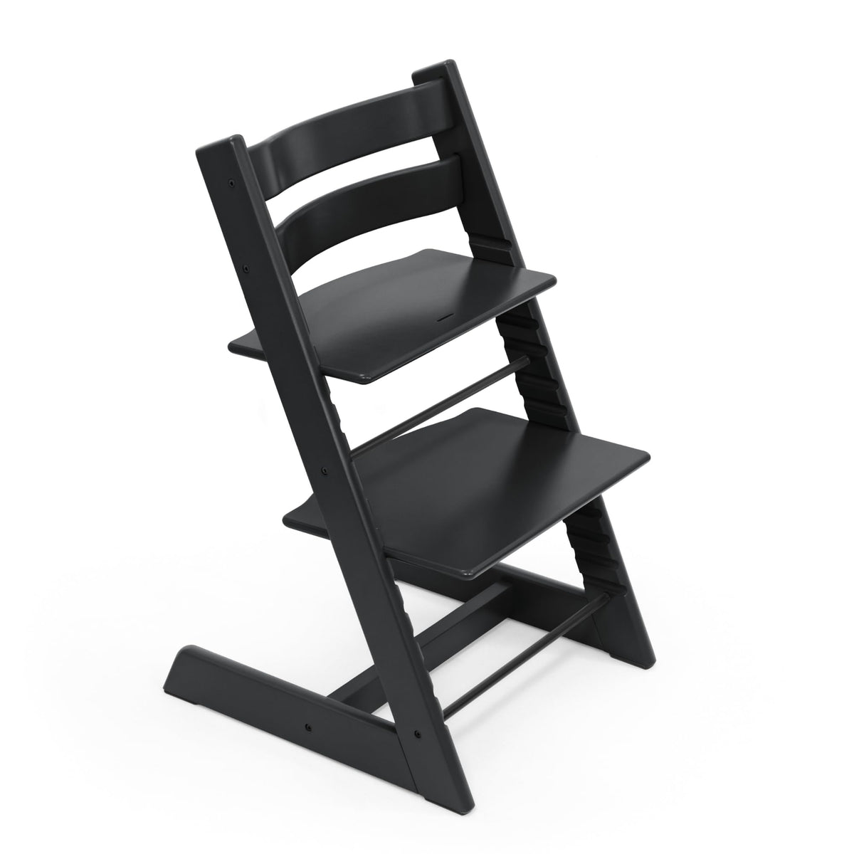 Stokke Tripp Trapp chair black front view showing adjustable height for growing children.