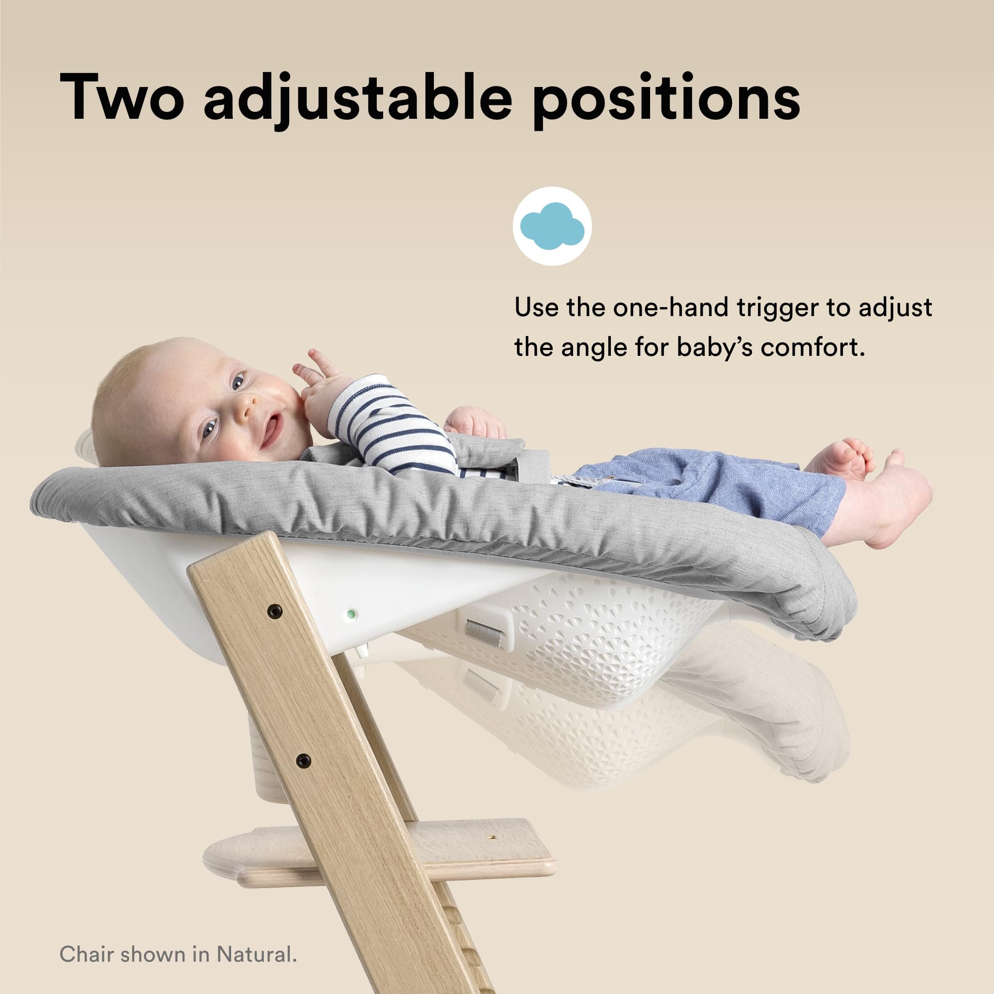 Stokke Tripp Trapp chair white adjustable seat and footplates support growth.