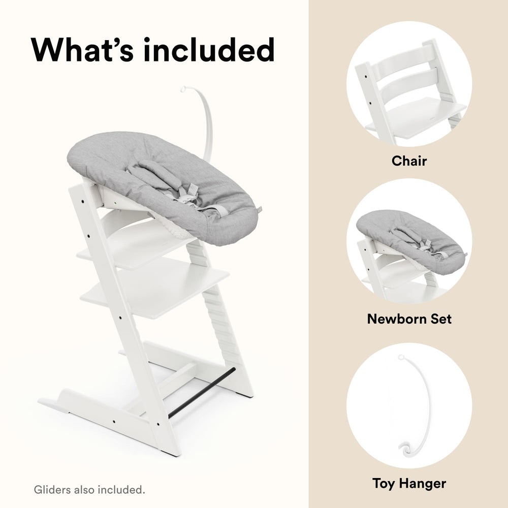 Stokke Tripp Trapp chair white in use at table for family meals.
