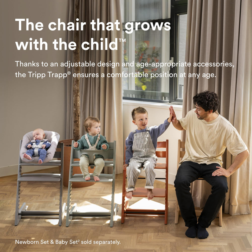 Stokke Tripp Trapp Chair white side view emphasizes compact footprint for small kitchens.