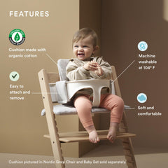 Stokke cushion attaches easily to Tripp Trapp chair for quick changes