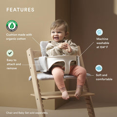 Stokke Tripp Trapp cushion on chair demonstrates versatile easy to clean seating