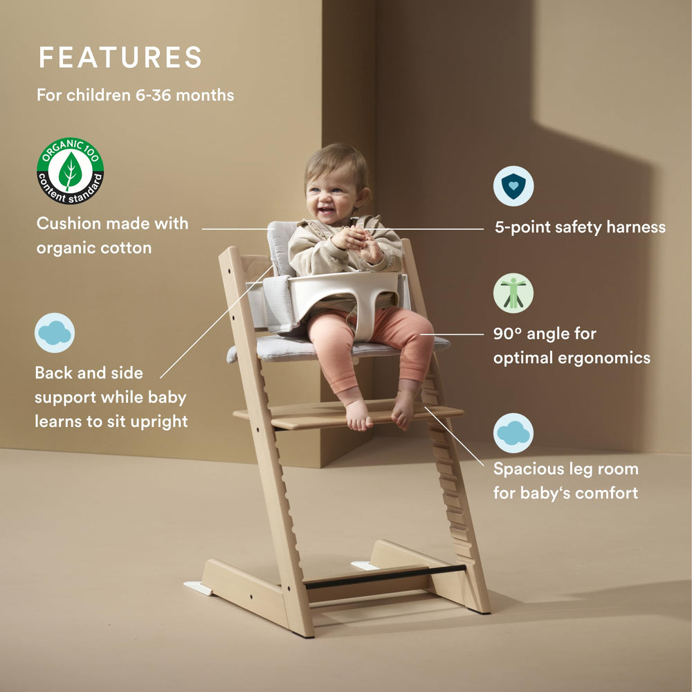 Stokke Tripp Trapp Cushion Nordic Grey adds comfortable support during meals.