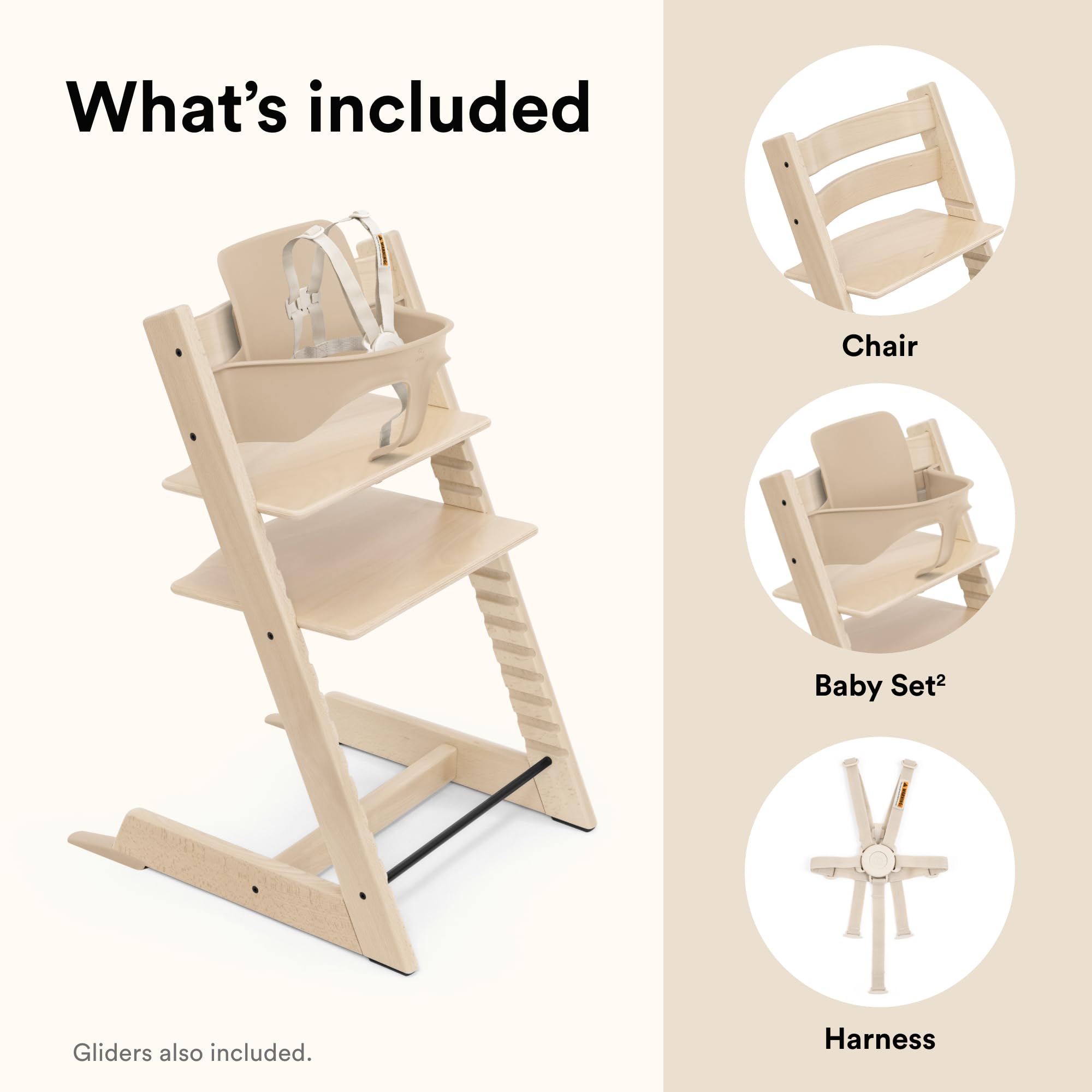 Stokke Tripp Trapp High Chair 2 Natural tool-free Baby Set attachment for effortless setup.