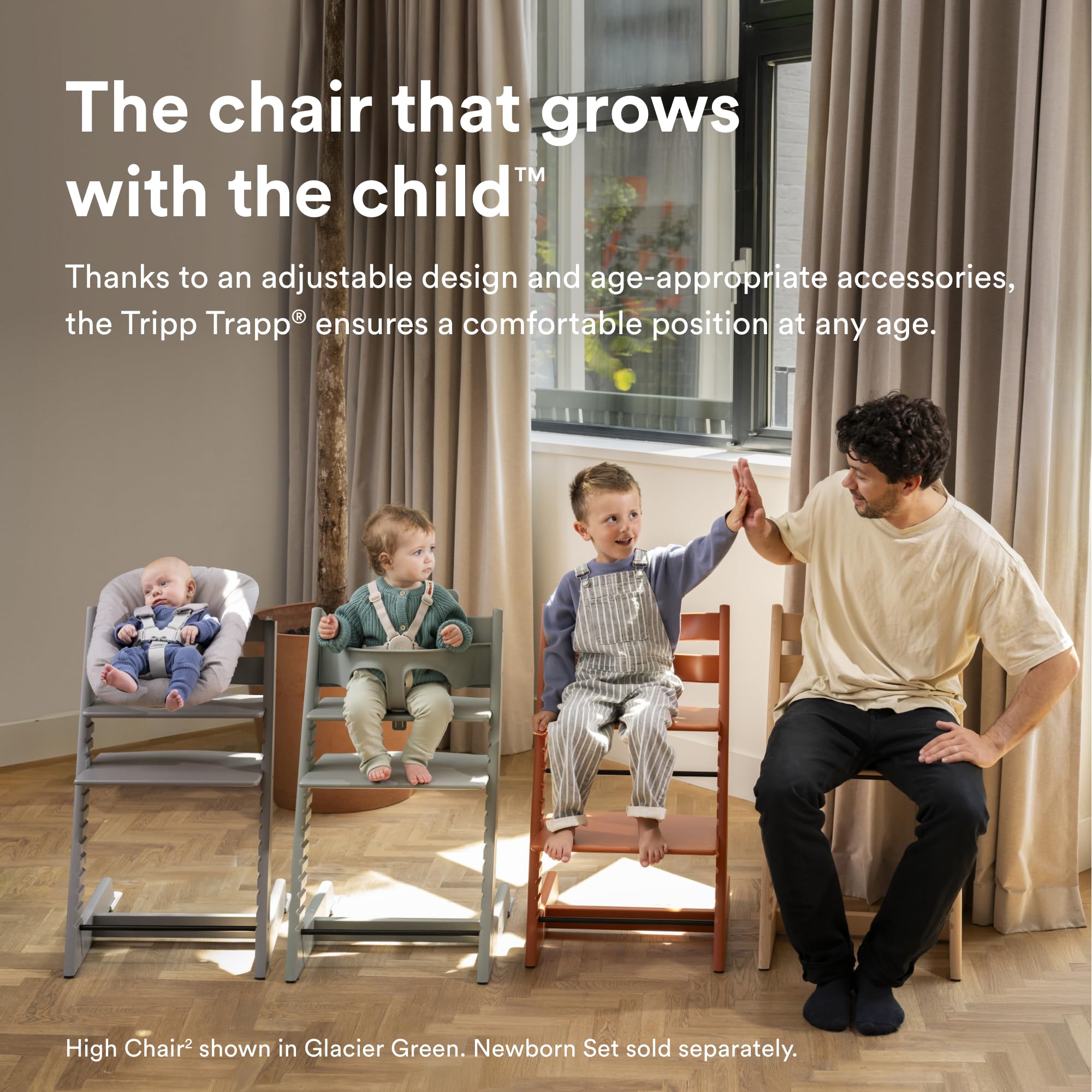 Stokke Tripp Trapp High Chair 2 whitewash baby set attached demonstrates easy transition at mealtimes