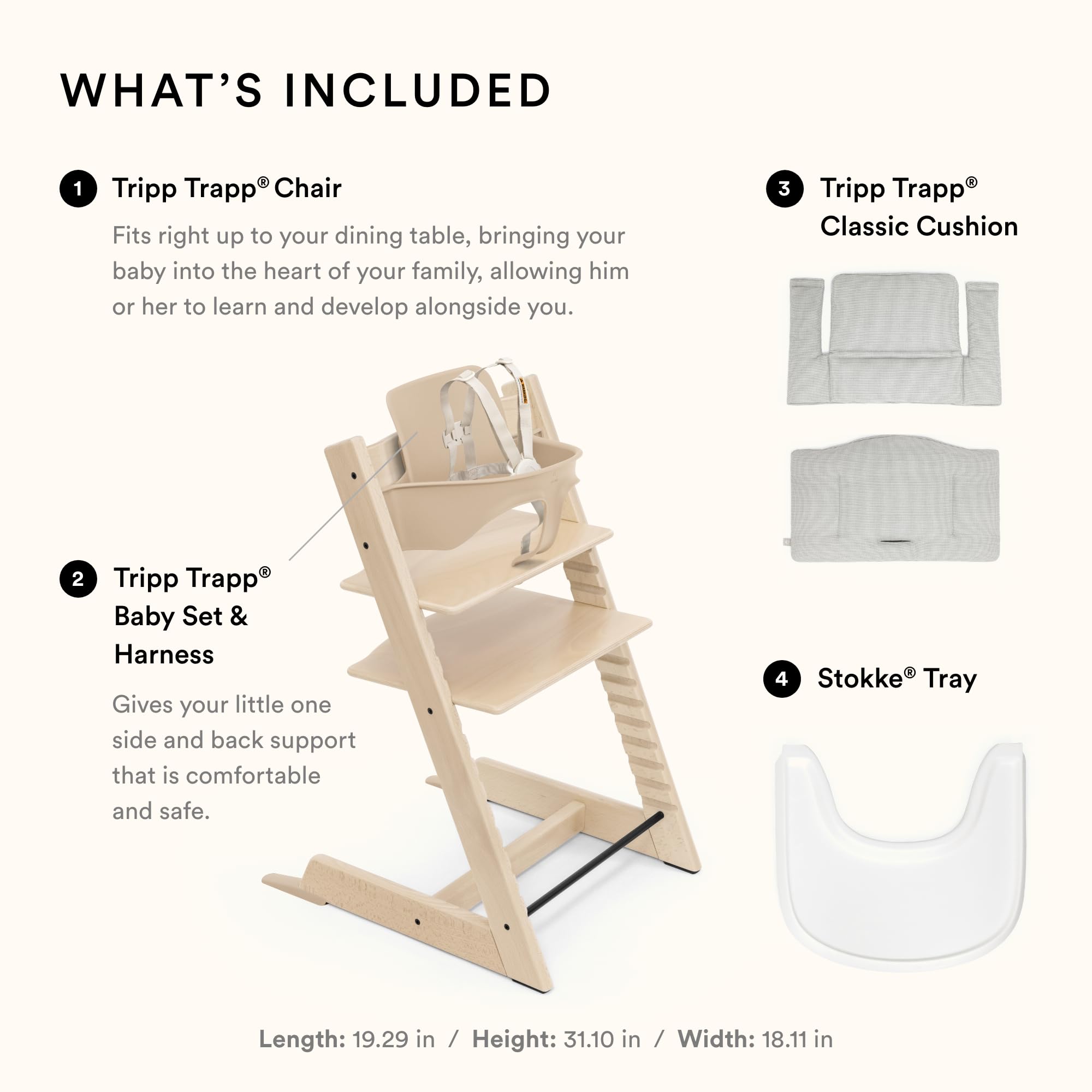 Stokke Tripp Trapp removable harness simplifies secure setup for growing toddlers.