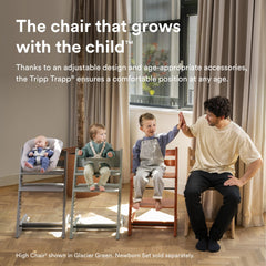 Stokke Tripp Trapp Serene Pink baby set attached—secure, tool-free setup for tiny diners.