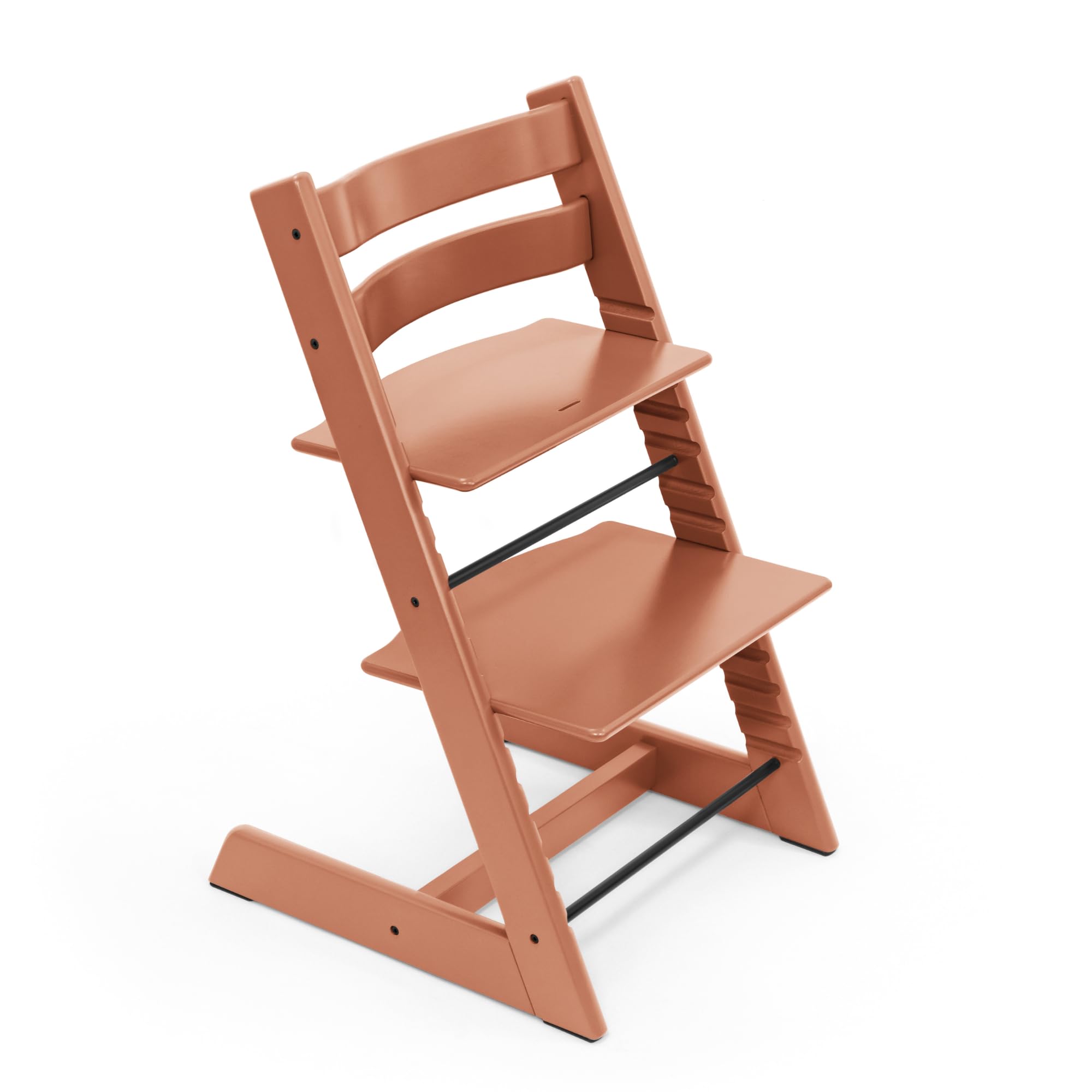 Stokke Tripp Trapp Terracotta chair demonstrates adjustable seating for growing families.