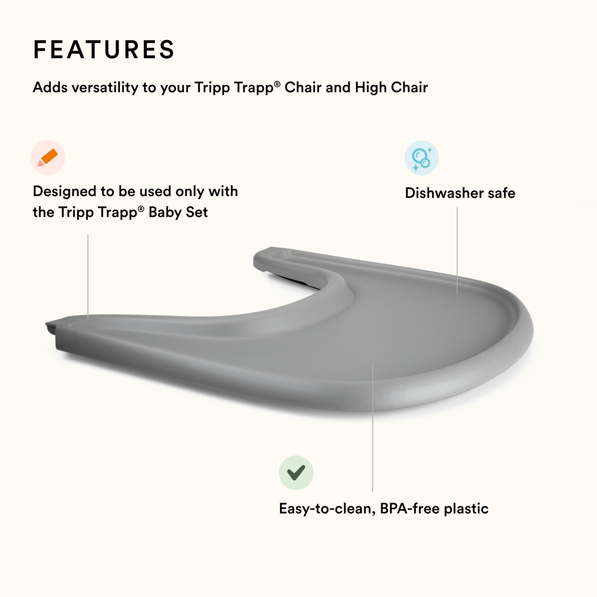 Stokke Tripp Trapp Tray Storm Grey on table for quick meals and snacks.