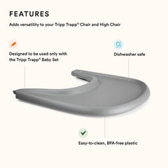 Stokke Tripp Trapp Tray Storm Grey on table for quick meals and snacks.