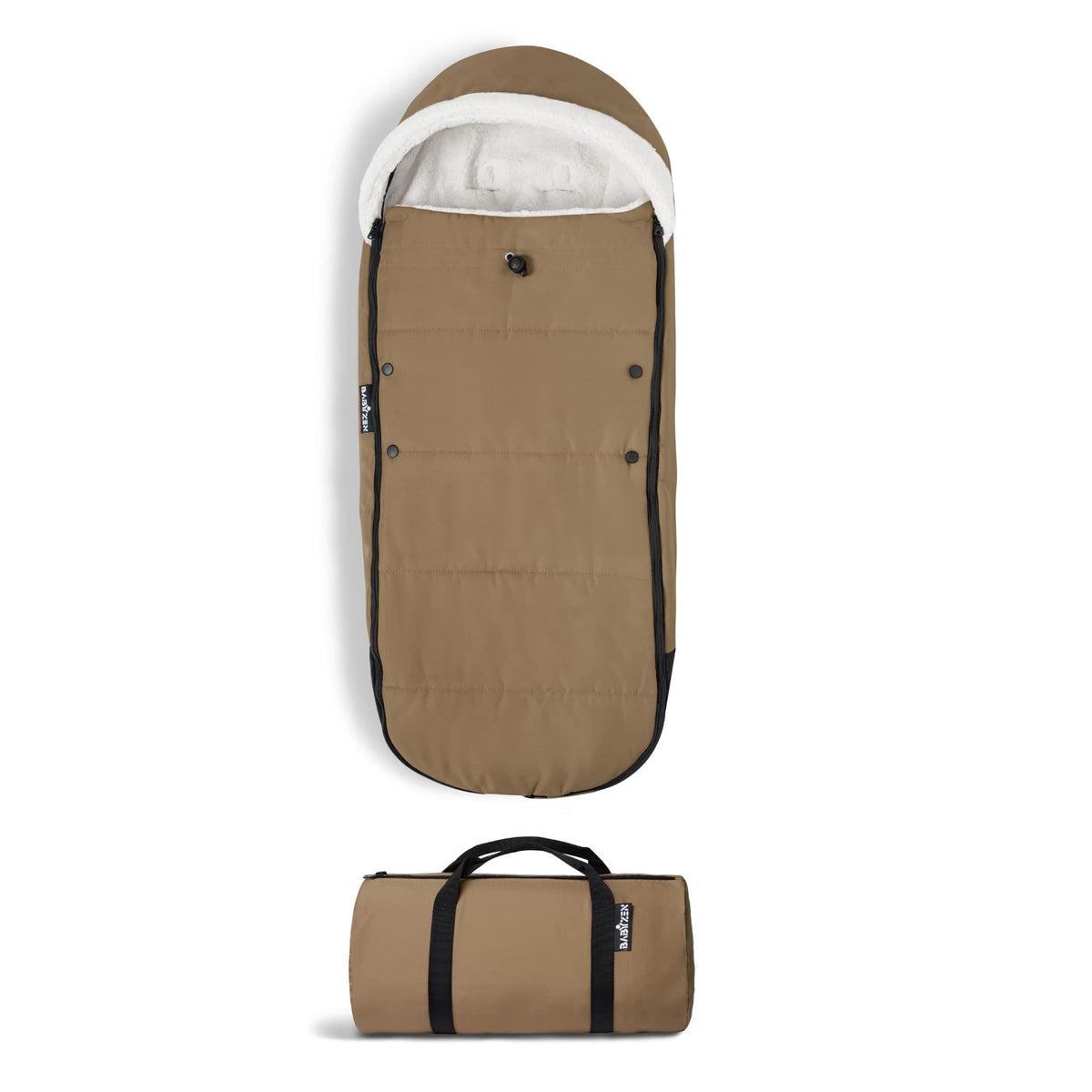Stokke YOYO Footmuff Toffee with sherpa lining keeps baby warm on outdoor strolls.