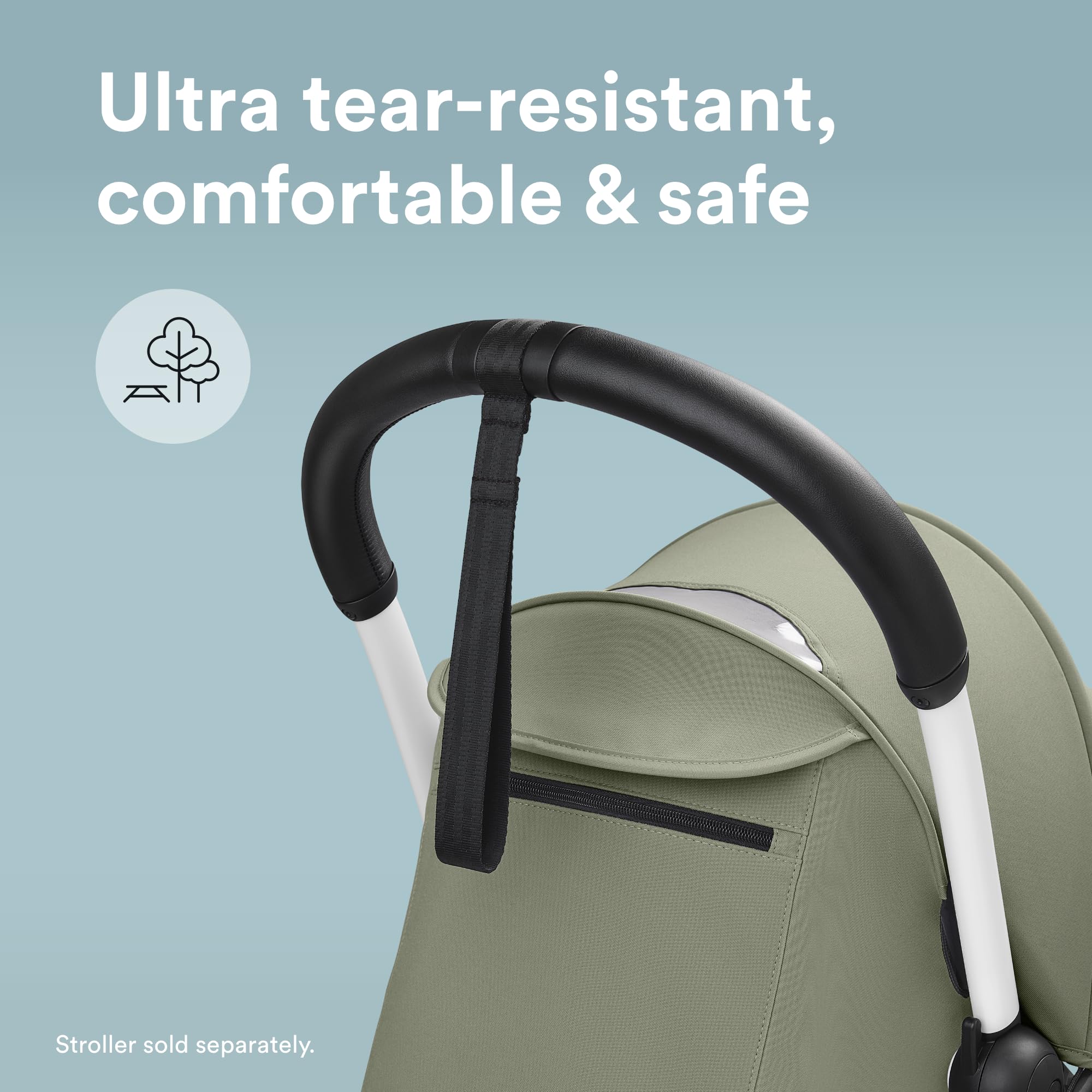 Stokke YOYO handlebar with tether strap enhances safety during errands.