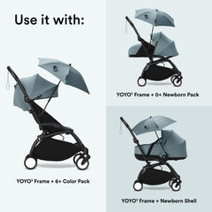 Stokke YOYO Parasol Aqua clips onto car seats for quick shade.