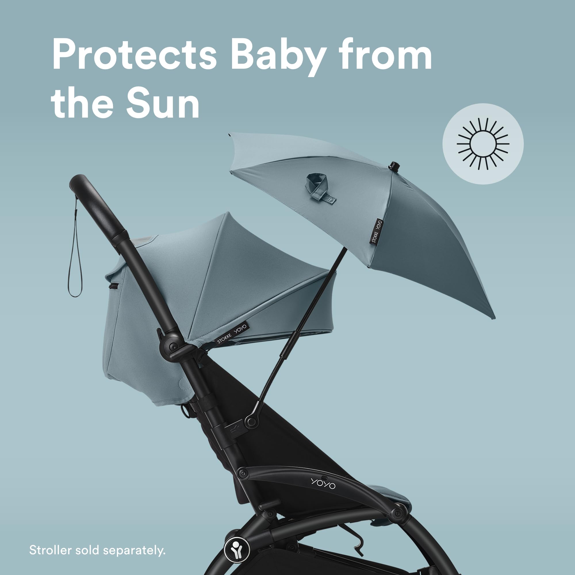 Stokke YOYO Parasol Aqua closed for compact storage on the go.