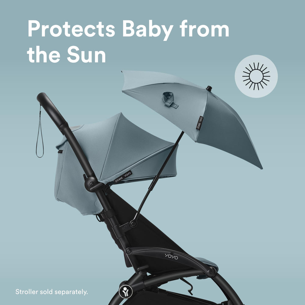 Stokke YOYO Parasol Aqua closed for compact storage on the go.