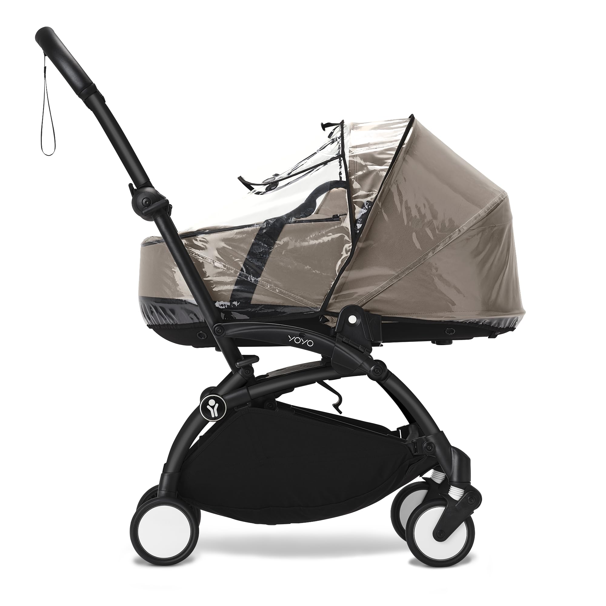 Stokke YOYO rain cover on newborn shell front view for weather protection