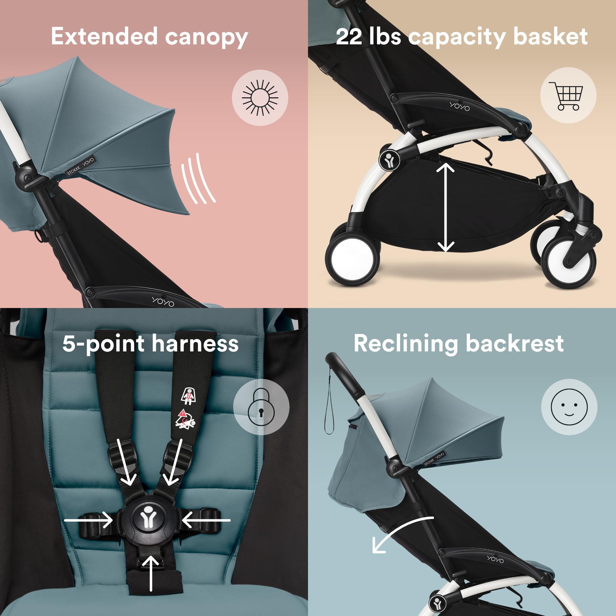 Stokke YOYO3 5-point harness keeps baby secure during commutes.