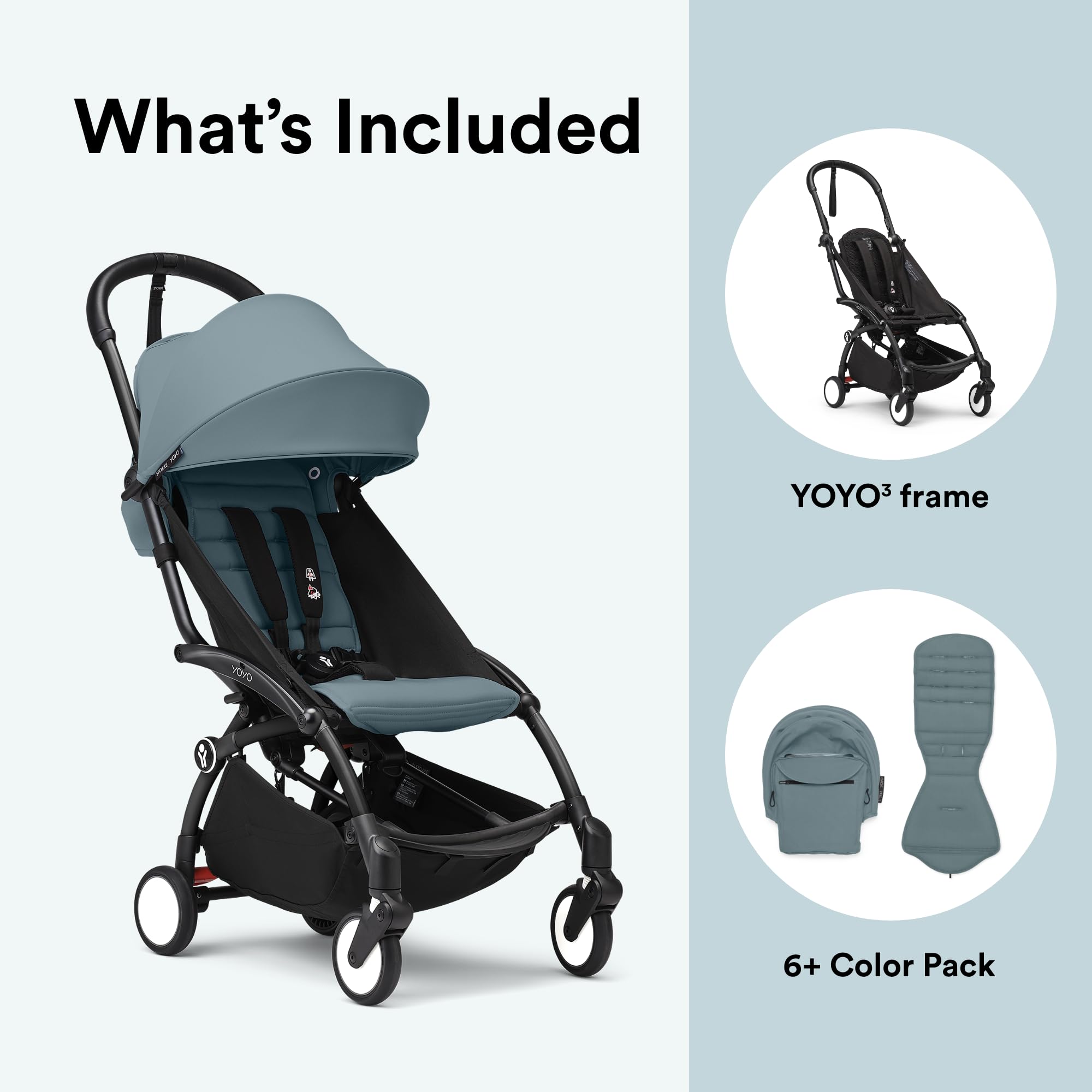 Stokke YOYO3 6+ color pack seat cushion and canopy add style and comfort.